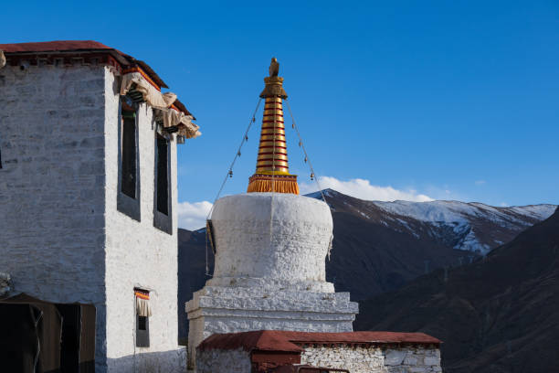 Tibetans pass prayer wheels performing a Kora (circular pilgrimage) at Tashi Lhunpo Monastery  - the culturally important monastery in Shigatse, the second-largest city in Tibet. Shigatse Dzong looms above.