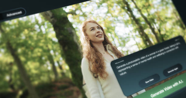 An artificial intelligence interface creating a video depicting a woman in a forest environment, representing mental health, relaxation, and connection to nature. Highlights the capabilities of AI in producing lifelike visuals. Conceptual visualization created with 2D elements and composited with real live action footage.
