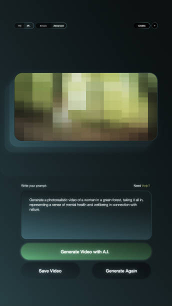 An artificial intelligence interface creating a video depicting a woman in a forest environment, representing mental health, relaxation, and connection to nature. Highlights the capabilities of AI in producing lifelike visuals. Conceptual visualization created with 2D elements and composited with real live action footage.