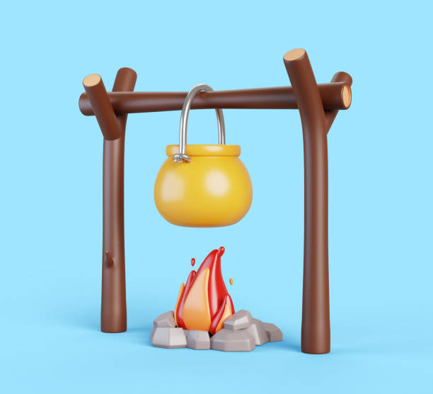 istock 3d cauldron over campfire for outdoor cooking isolated on blue background. Bonfire lined with stone, yellow metal bowler on fire for summer camp, tourism, hiking, vacation on nature 2200129030