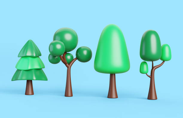 istock 3d green trees cartoon render icon set. Summer landscape design nature elements. Abstract spruce, pine, oak for garden or park. Forest and yard plants. Greenery scene decoration 2200129033