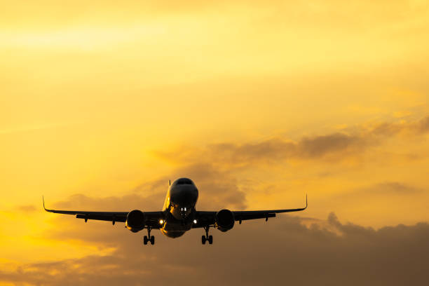 istock Airplane is landing at sunset. 2200130861