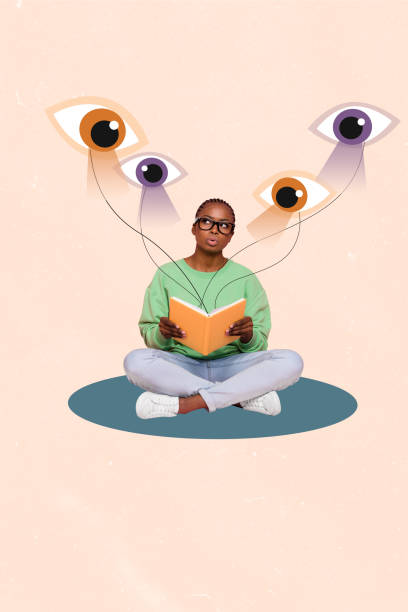 istock Composite trend artwork sketch image collage of young smart woman student sit lotus pose hold book read huge eyes behing look watch 2200131690