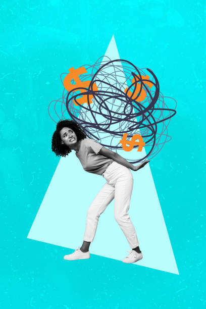 istock Composite image trend collage of strong young upset lady carry on back huge balloon doodle usd money dollar symbol global finance crisis 2200132075