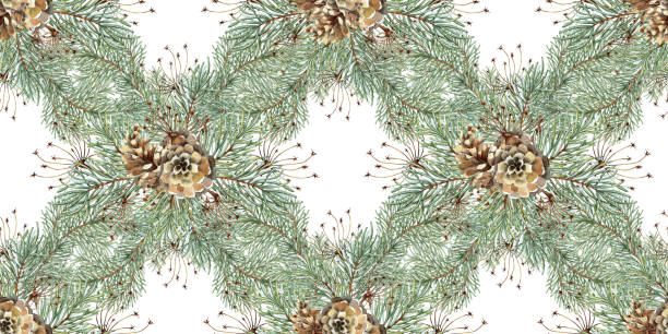 istock Fir branches, pine cones, grass composition for New Year and Christmas watercolor illustration, hand drawn. Seamless pattern with winter plants isolated from background. Pine, fir, juniper, evergreen. 2200132327