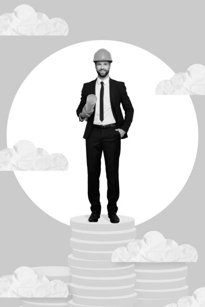 istock Vertical collage image of mini confident man stand huge pile stack money coins hold project plan isolated on painted background 2200132816