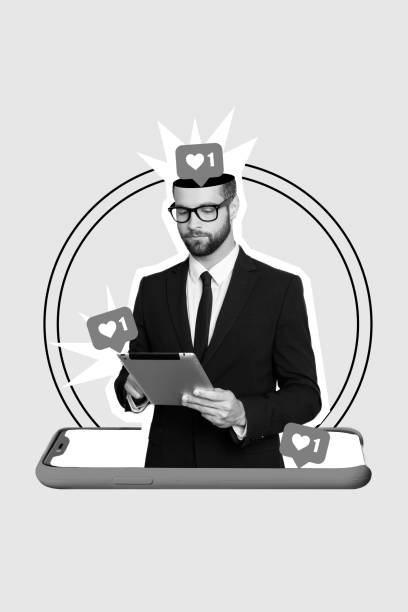 istock Vertical collage image of black white colors business guy telephone screen display use e-reader like notification facebook instagram 2200132861