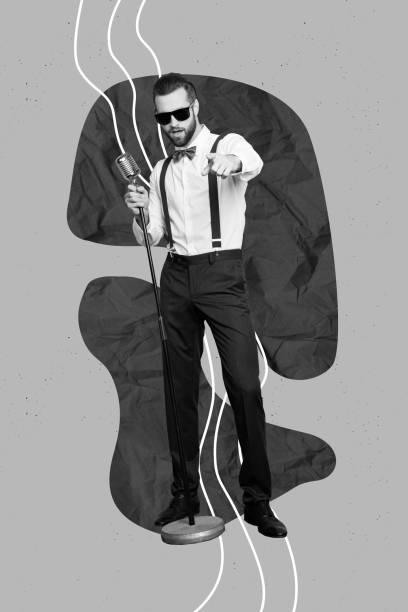 istock Creative abstract template graphics collage image of cool confident guy singing karaoke isolated drawing background 2200133097