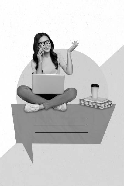 istock Creative photo 3d collage artwork poster picture of charming girl speaking solving work tasks isolated on painting background 2200133526