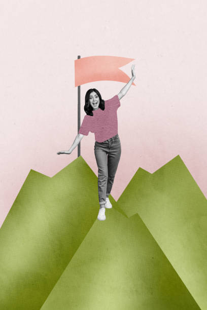 istock Composite sketch image design artwork collage of young lady walk mountain flag goal progress challenge success purpose aim competition 2200133609