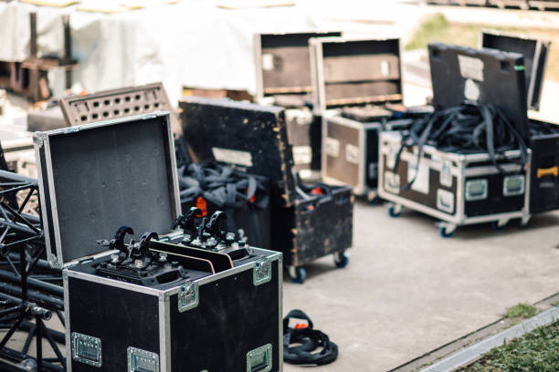 istock Flight cases with stage lighting equipment are standing on the street 2200134097