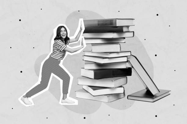 istock Composite collage picture of black white effect mini girl push huge pile stack book isolated on drawing blue background 2200134395