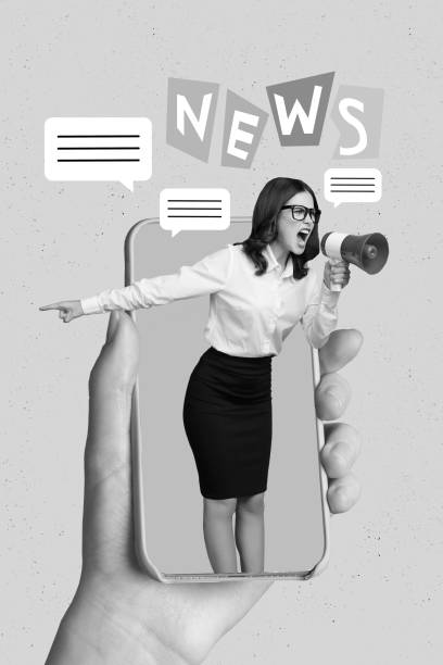 istock Vertical collage image of arm hold telephone mini elegant girl inside screen hold loudspeaker tell news point finger isolated on pink background 2200134449