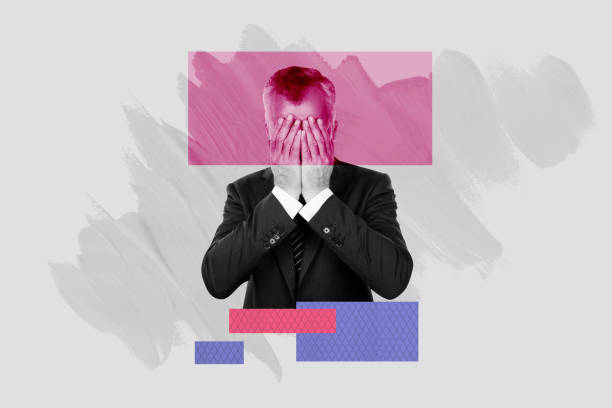 istock Exclusive sketch collage of puzzled old businessman hide face problem depression mood apathy fatigue workload burnout fail 2200136155