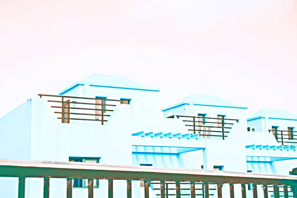 Tyipical canarian homes in Fuerteventura, Canary Islands, Spain. Little houses, terraced houses or town houses from the Eighties. Forced color grading, modern look.