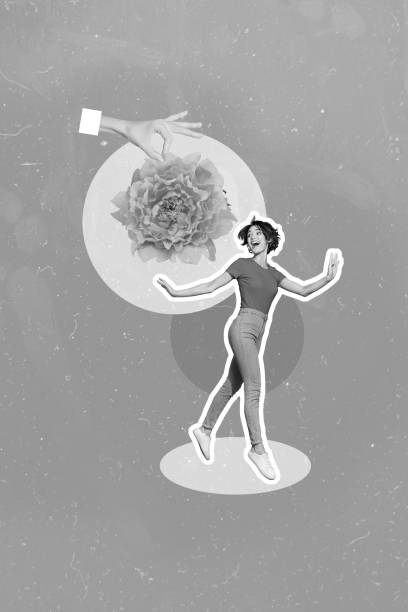 istock Creative abstract collage template graphics image of excited happy lady getting big huge flower isolated drawing background 2200137412