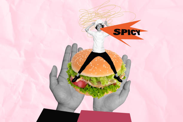istock Composite sketch image design trend artwork collage of two big hand hold burger hungry dinner cuisine nutrition young lady chef say spicy 2200137616
