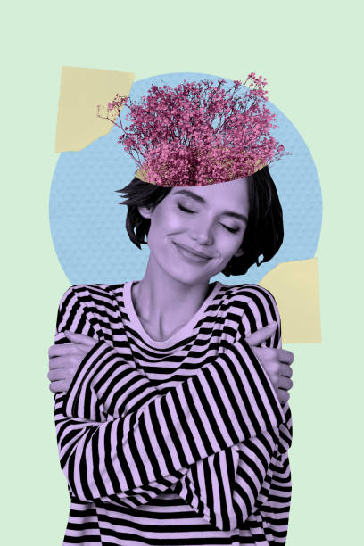 istock Composite sketch design artwork 3D photo collage of spring plant nature mind thoughts young woman smile relax self hugs comfort flower 2200137868