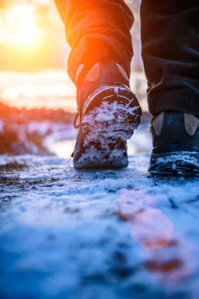 Hiker goes against sky and sun. Hiking concept . High quality photo