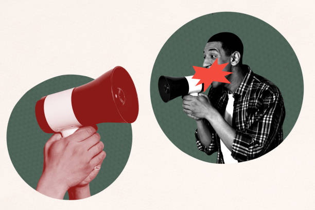 istock Composite 3D collage trend artwork template design of young man hold loudspeaker democracy opinion vote leader banner strike revolution 2200138527