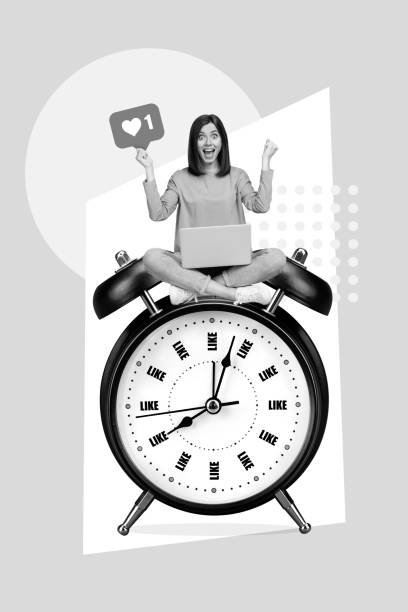 Vertical abstract artwork collage of excited mini girl sitting huge bell ring clock use netbook hold like notification