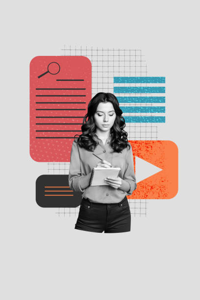 istock Poster image vertical photo collage of serious girl manager write notepad reminder webpage browser search icon notepaper 2200140105