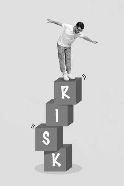istock Vertical collage image of black white gamma guy stand balancing piles tack risk blokes isolated on painted background 2200140905