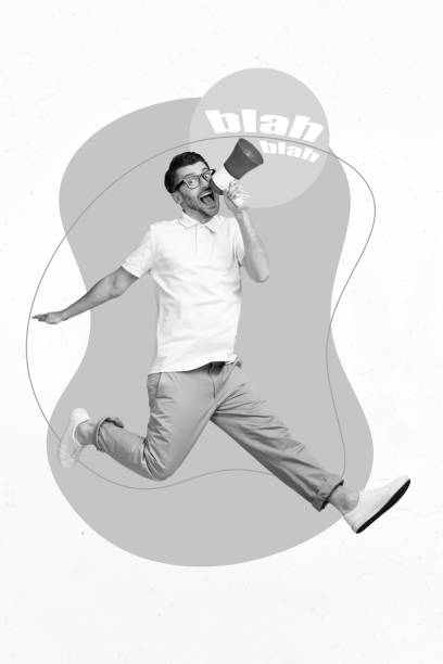 istock Creative template magazine collage of funky young guy worker use megaphone spread news advert information 2200141007