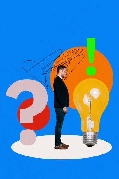 istock Creative vertical photo collage of serious man look light bulb idea exclamation warning blackout question decision finding 2200141330