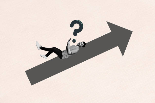 istock Composite image montage trend artwork 3D collage of young man lying arrow question think type smartphone success up progress goal target 2200141395