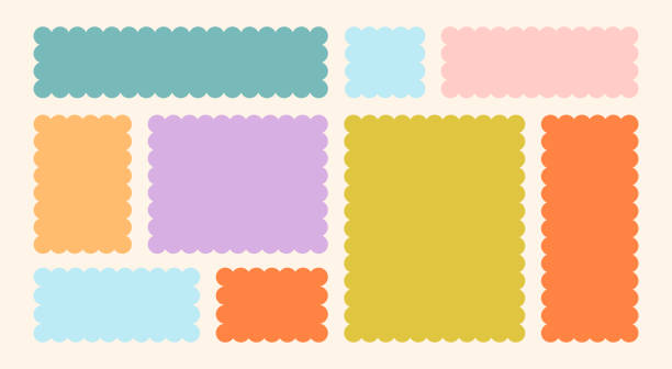 illustrazioni stock, clip art, cartoni animati e icone di tendenza di frames scalloped vector corrugated bento grid shapes set. scallop frame wavy retro stickers collection. zig zag edge geometric borders tag boxes. wiggle line design sign background. isolated - ventaglio