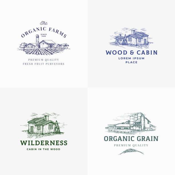 Farms and Cabins Abstract Vector Signs, Symbols or Emblem Templates Set. Hand Drawn Landscapes with Buildings Sketches with Classy Retro Typography. Rural Fields and Houses Vintage Emblems. Isolated.