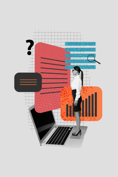 istock Vertical art creative collage of serious manager girl stand laptop screen workload tab icon cv magnifier search interface chart 2200141906