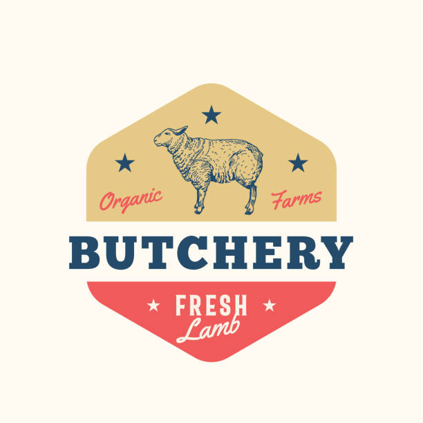 Organic Farm Butchery Abstract Vector Sign, Symbol or Emblem Template. Hand Drawn Sheep Sillhouette with Retro Typography. Lamb Meat Vintage Badge or Emblem. Isolated.