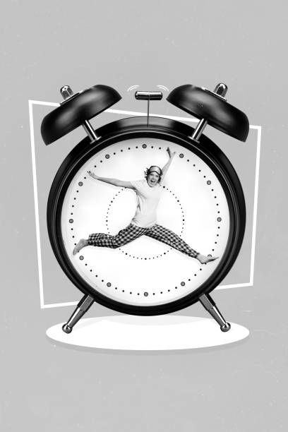 istock Vertical collage image of excited girl inside bell ring clock face isolated on painted pink background 2200142664