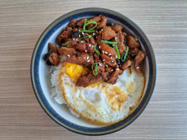 istock Chicken Thai Basil Rice Bowl With Minced Chopped Chicken, Steamed Rice, Omelette Eggs, Leek And Sesame Seed. Food Menu. Top View. 2200142776