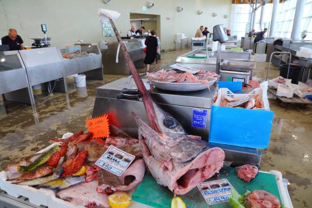 Fish products and massive swordfish head at local fish market in Alghero town, Sardinia island, Italy.
