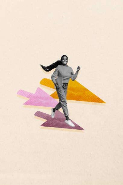 istock Trend artwork composite banner 3D collage of strategy aspiration purpose achievement target progress arrow way young lady walk hold laptop 2200144198