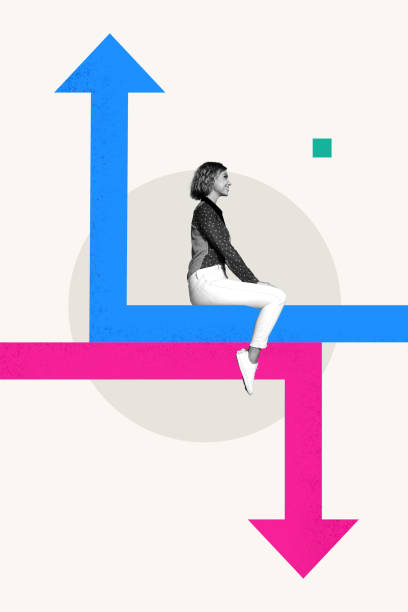 istock Vertical art trend collage of happy businesswoman sit arrow up down pointer development progress vs regress success opportunity 2200144419