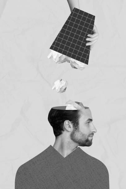 istock Vertical collage image of hand hold trash bin throw crumpled paper black white effect guy head isolated on painted background 2200144681