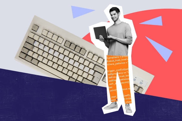 istock 3d sketch rend collage video of happy it-specialist man type laptop programmer digital code trousers wireless keypad technology 2200145223