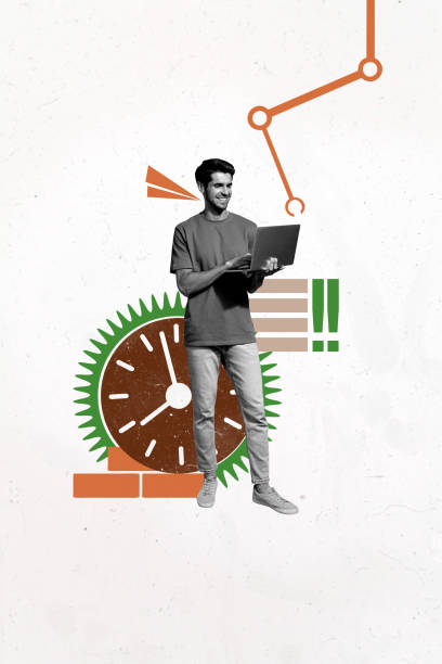 istock Poster image vertical photo collage of happy it-specialist man hold laptop graph development concept time regime deadline 2200145299
