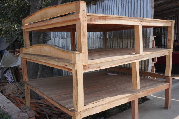 istock The partially assembled wooden bunk bed frame in the store 2200145777