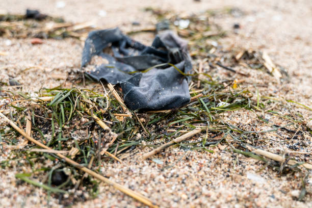 Piece of old fabric discarded by sea lies on sandy beach among seaweed and shells, illustrating textile industry waste polluting ocean