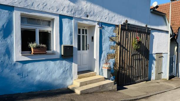Erdmannhausen Germany - 2/17/2025, Blue old house front and entrance