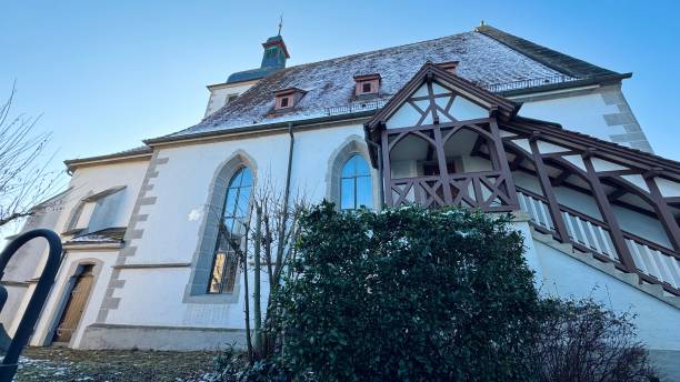 Erdmannhausen Germany - 2/17/2025, evangelische Januariuskirche im Februar. Medieval origin with large floor space and small windows certainly served as a protective retreat for the village population in times of war.