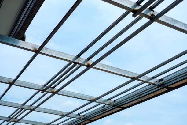 istock Metal grid framework of modern roof structure unfinished 2200148270