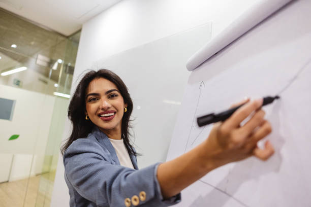 istock Smiling businesswoman drawing growing graph on flip chart during presentation 2200151354