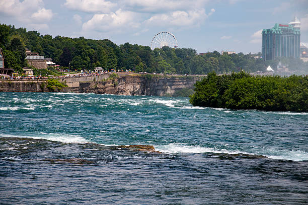 Tourists enjoy picturesque views of Niagara Falls with lush greenery and a bright blue sky above.