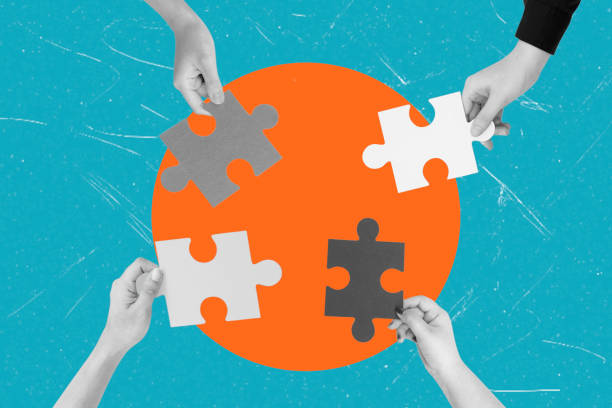 istock Modern art collage of hands with puzzle on a blue background. 2200155022